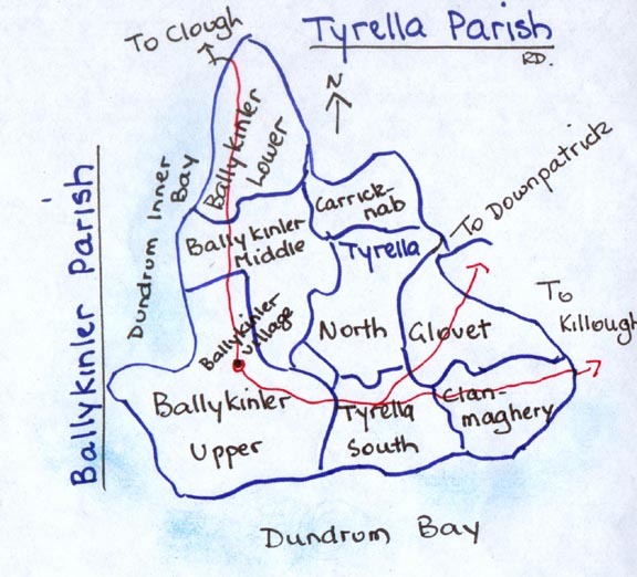 Townlands of Ballykinler & Tyrella Parishes & main roads
